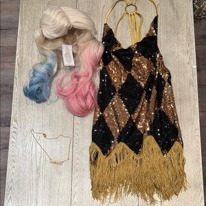 Harley Quinn Suicide Squad Sequin Club Fringe Dress + WIF Wig & Necklace (S)